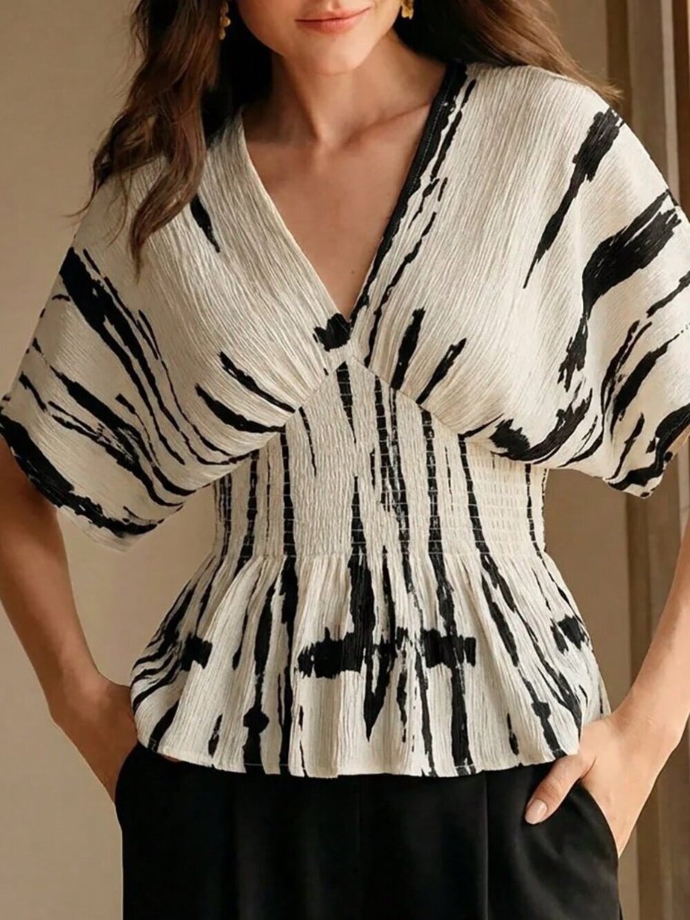 Apricot Casual Elegant Women's Ink Print Pleated Shirred Waist Top